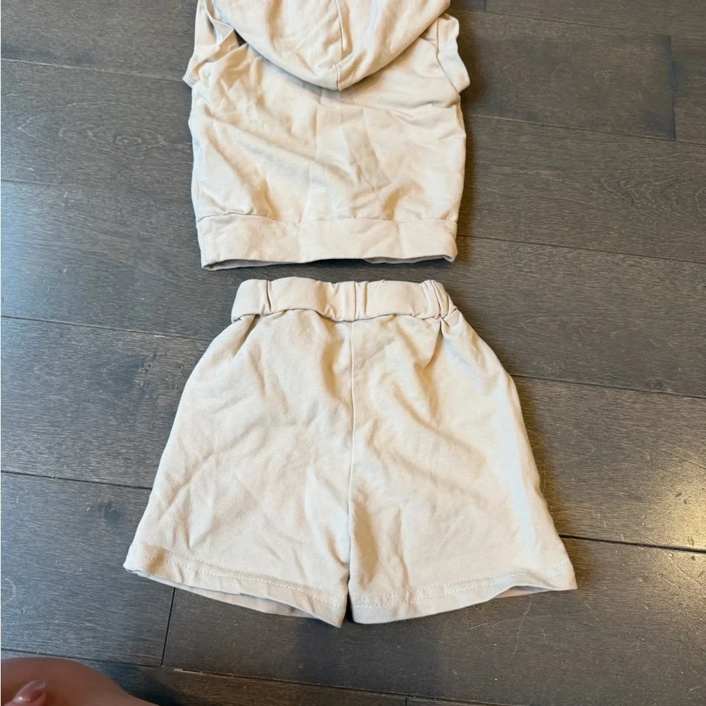 Tan Hoodie and Shorts Set with Checkered Detail